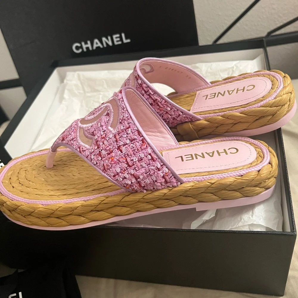 NEW in box. Chanel Pink Tweed Sandals - Picture 10 of 12